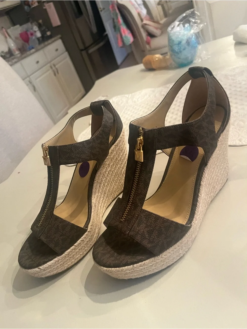 Michael Kors Dark Brown Logo Wedge Sandals with Gold Zipper Accent